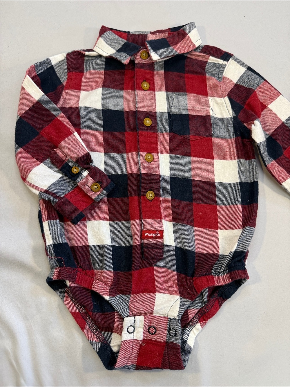 Wrangler Red, Navy & White Plaid Long-Sleeve Baby One-Piece. Flannel